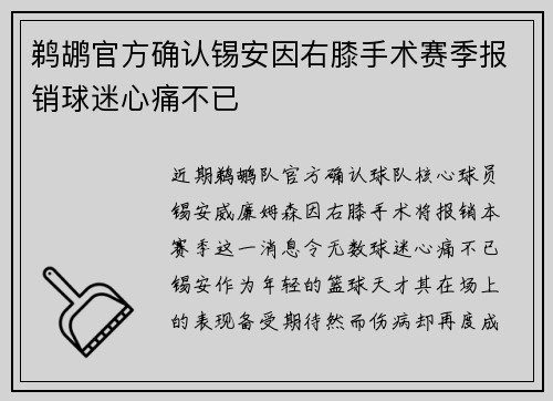 鹈鹕官方确认锡安因右膝手术赛季报销球迷心痛不已